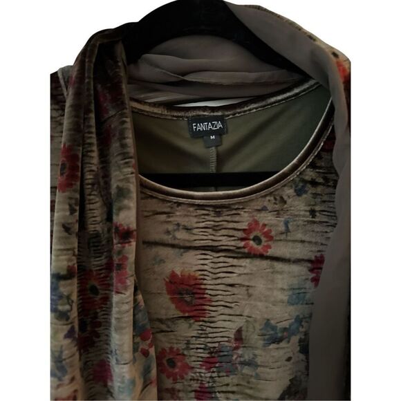 Fantazia Women's Velvet Mixed Media Long Sleeve Blouse W/ Scarf Green Medium - Picture 3 of 7